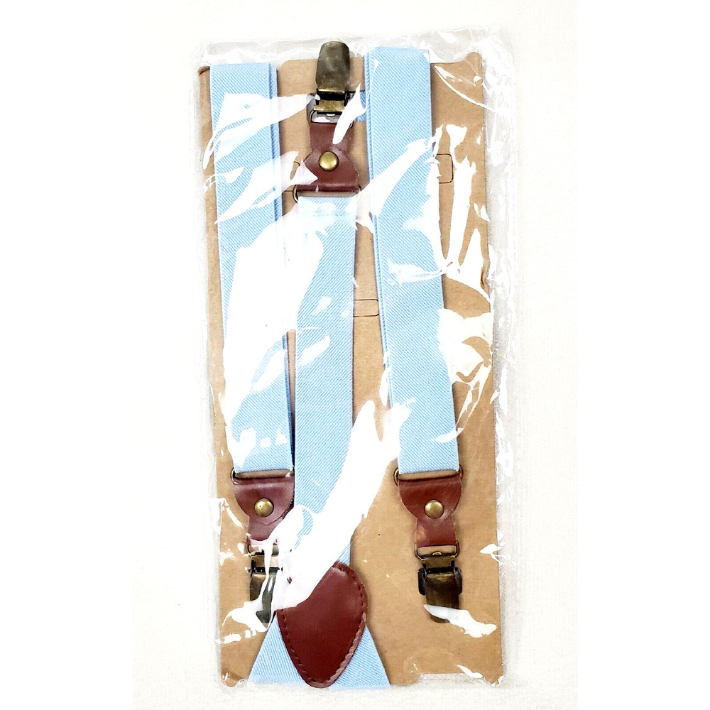 Suspenders Boy's M Blue/Brown Leather Clip-On Y Back Elastic Formal Holiday New